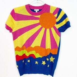 MINNIE ROSE BLUE YELLOW PINK SUNRISE SHORT SLEEVE CASHMERE SWEATER WOMENS XS
